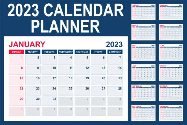 Vector illustration of 2023 calendar. Calendar planner design template. Week starts on Sunday. Business vector illustration