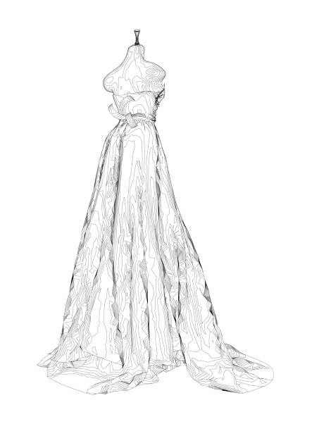 Contour of a wedding dress on a mannequin from black lines isolated on a white background. Back view. 3D. Vector illustration. Contour of a wedding dress on a mannequin from black lines isolated on a white background. Back view. 3D. Vector illustration. wedding dress back stock illustrations