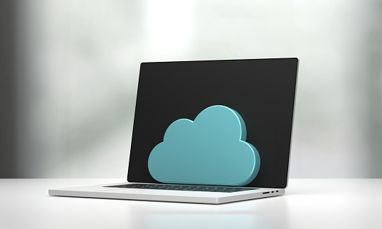 3D Blue Cloud computing icon on the laptop. Technology and Connection Concept.