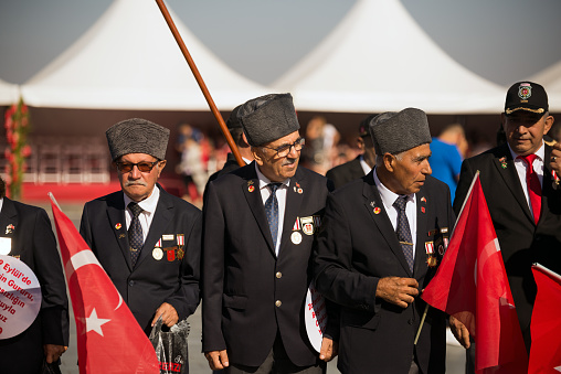 Izmir, Turkey - September 9, 2022: Three veterans in the same frame on the celebrations Liberation day of Izmir. All of them are Cyprus Veterans. Sami Dogan, Recep Yoruk, Yakup Demirtas