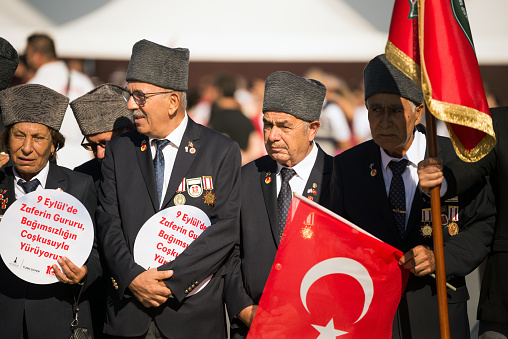 Izmir, Turkey - September 9, 2022: Three veterans in the same frame on the celebrations Liberation day of Izmir. All of them are Cyprus Veterans. Sami Dogan, Recep Yoruk, Yakup Demirtas