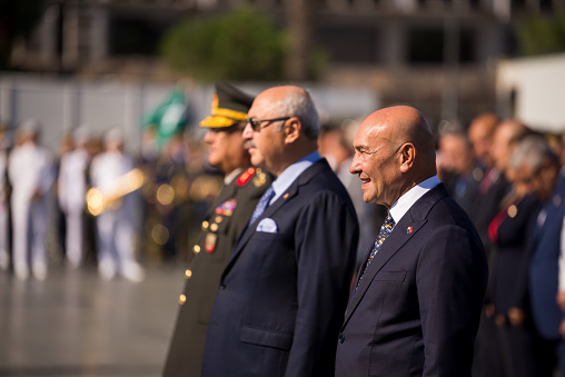 Izmir, Turkey - September 9, 2022: Mayor of Izmir Tunc Soyer, Governor of izmir city Yavuz Selim Kosger and the  Lieutenant general Kemal Yeni in the same frame on the liberty day of Izmir at Republic square Izmir Turkey.