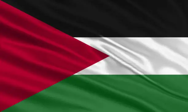Vector illustration of Palestine flag design. Waving Palestinian flag made of satin or silk fabric. Vector Illustration.