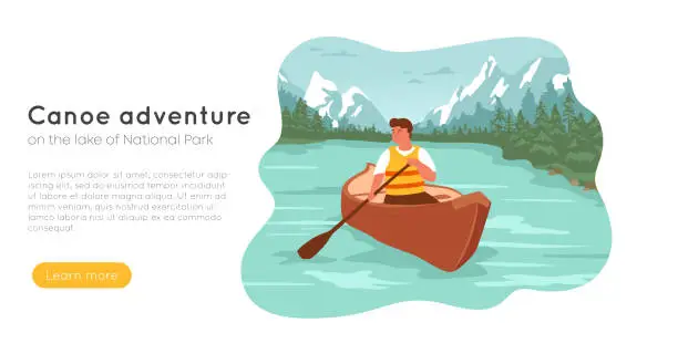 Vector illustration of Canoe adventure banner template. Man rafting in canoe on lake, snowy mountains and forest on background.