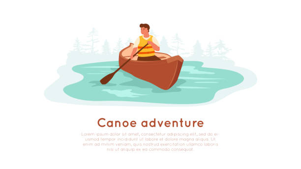 illustrazioni stock, clip art, cartoni animati e icone di tendenza di modello di banner per l'avventura in canoa. uomo in giubbotto di salvataggio rafting in canoa sul lago con silhouette forestale. - canoeing