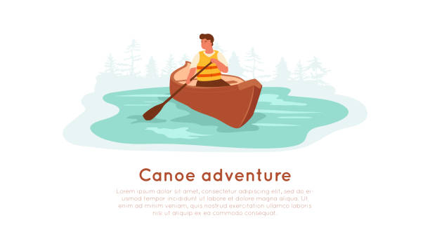 Canoe adventure banner template. Man in life jacket rafting in canoe on lake with forest silhouette. Isolated cartoon male sitting in boat, holding paddler. Vector illustration on white background. rowing boat stock illustrations