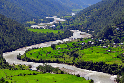 Punakha dzongkhag, Bhutan: the winding Mo Chhu river and its valley - the name means 