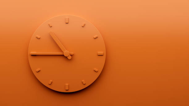 istock Minimal Orange clock 10:45 o clock quarter to Eleven abstract Minimalist wall clock 3d Illustration 1428305043