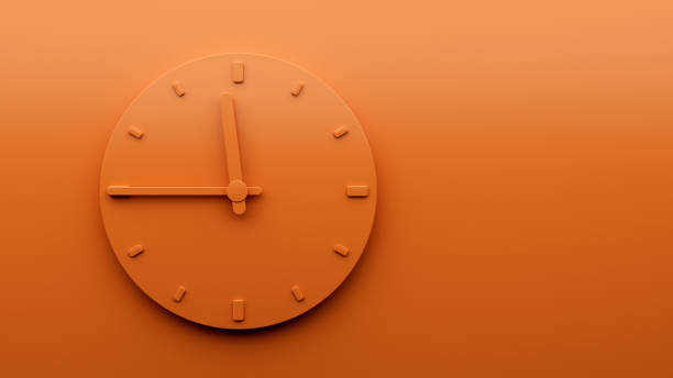 istock Minimal Orange clock 11:45 o clock quarter to Twelve abstract Minimalist wall clock 3d Illustration 1428305128