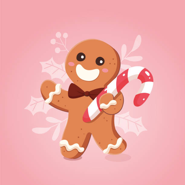 ilustrações de stock, clip art, desenhos animados e ícones de funny gingerbread man with a christmas cane - gingerbread cookie