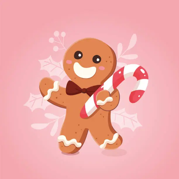 Vector illustration of Funny Gingerbread Man with a Christmas Cane