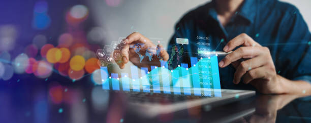 istock Business analysis big data sciences and economic growth with financial graph. Concept of virtual dashboard technology digital marketing and global economy investment network. 3D illustration banner. 1428318418