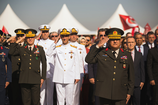 Rabat, Morocco - may 14, 2023: a guard made up of all representatives of the Moroccan armed forces guards the main entrance to the Royal Palace in Rabat.