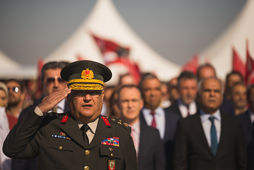 Izmir, Turkey - September 9, 2022: Portrait of the lieutenant general Kemal Yeni on the liberty day of Izmir at Republic square Izmir Turkey.