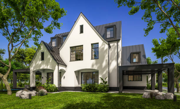 istock 3d rendering of white and black modern Tudor house 1428319809