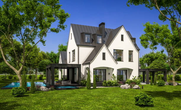 istock 3d rendering of white and black modern Tudor house 1428320383