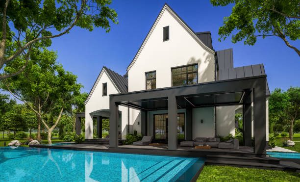 3d-rendering des modernen tudor-hauses in weiß und schwarz - home interior house building exterior comfortable stock-fotos und bilder