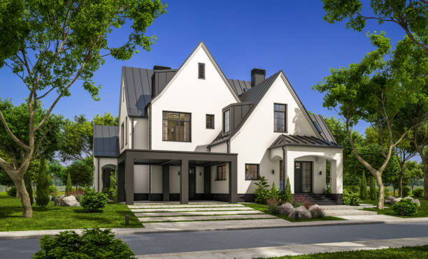 istock 3d rendering of white and black modern Tudor house 1428321096