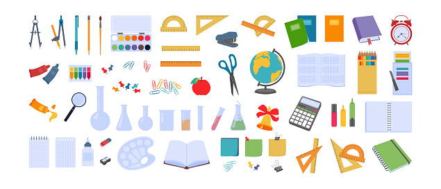 Big vector set of elements with stationery and school supplies. Office and education equipment - book, notebook, ruler, flasks, paints, pencils and etc. Back to school. School supplies flat design.