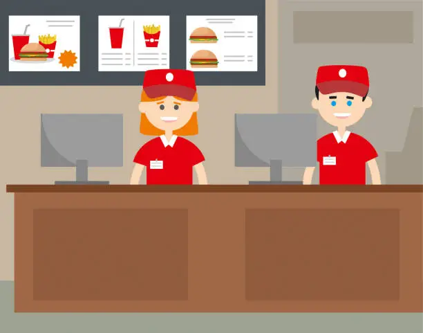 Vector illustration of Fast food workers with burger restaurant