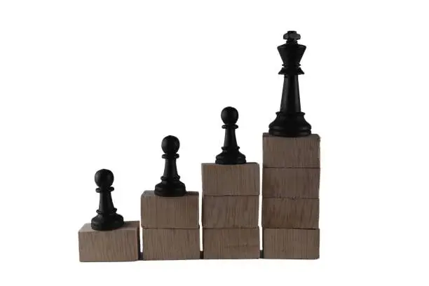 chess pieces on a wooden block. the concept of the success process from ordinary people to leaders. business concept