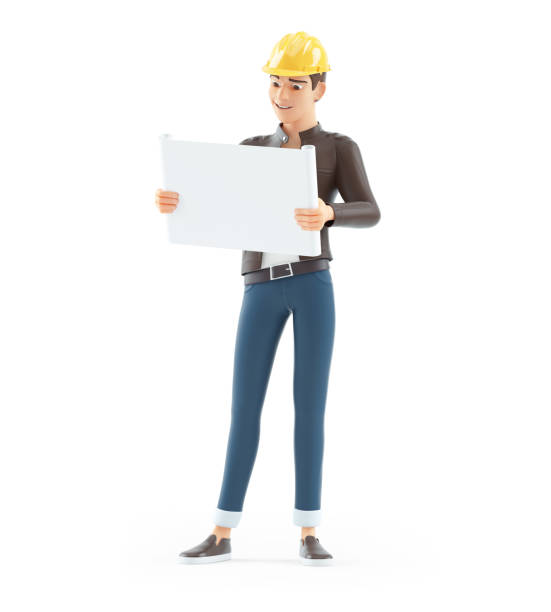 istock 3d cartoon man with hard hat looking at plan 1428334994