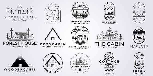 set bundle cabin logo vector illustration design, line art style set bundle cabin cottage logo vector illustration design, line art style log cabin stock illustrations