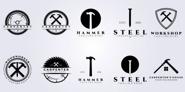 комплект столярной мастерской набор логотип векторная иллюстрация дизайн - hammer nail work tool construction stock illustrations