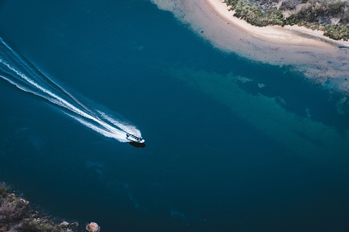 An aerial view of a boat in Colorado river, Arizona