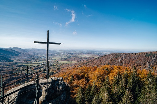 Summit of Palicnik mountain, Jizerske hory, Czechia. Autumn view of mountain rocky landscape.