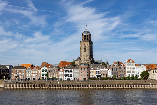 Cityscape Dutch medieval city of Deventer in The Netherlands with the principal church and facades