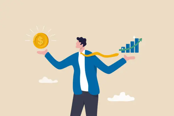 Vector illustration of Value stock vs growth stock, comparison between investing style, professional choosing asset for earning or profit in market concept, businessman compare between value and growth stock in his hand.