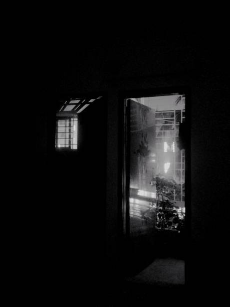 istock Vertical grayscale shot from a dark room with an open door and a window 1428352186