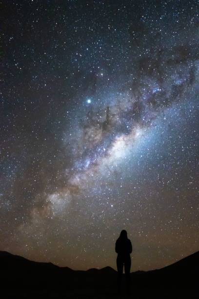 istock Scenic vertical view of a person standing under a mesmerizing starry sky 1428355086