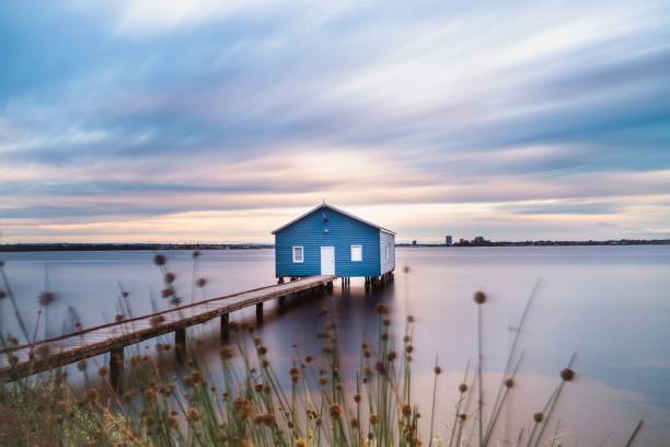 istock Blue boat house over a background of a beautiful sky,  Perth, Australia 1428357664