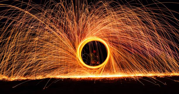 istock Dramatic glowing long exposure of  spinning light trails with sparks 1428358044