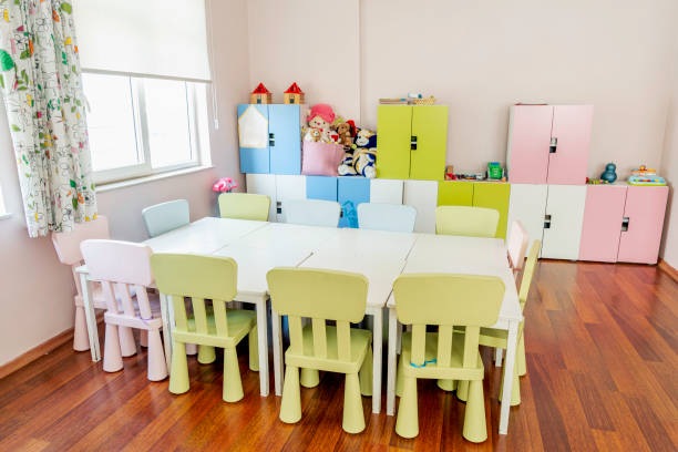 Kindergarten Classroom With Tables, Multi Color Chairs stock photo