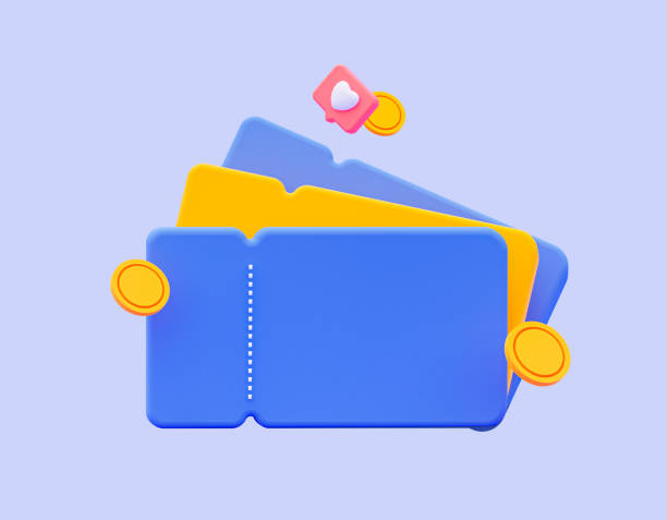 Blue with a yellow coupon isolated on a white background and gold coins. 3d rendering. With an empty space for text.