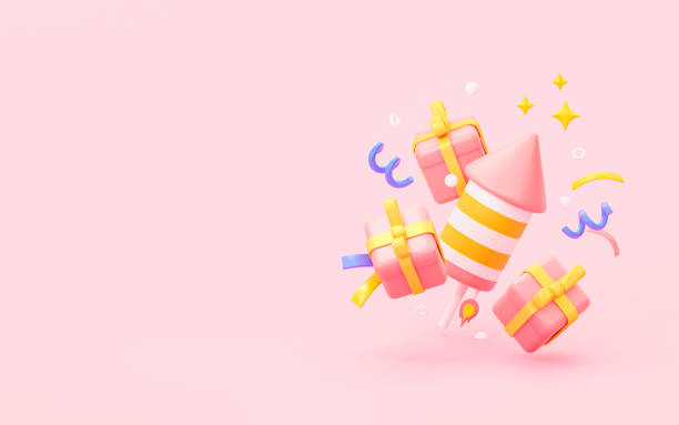 istock 3D gift and rocket and confetti. Festive background. New Year's card with an empty space for text. 3d rendering illustration 1428361863