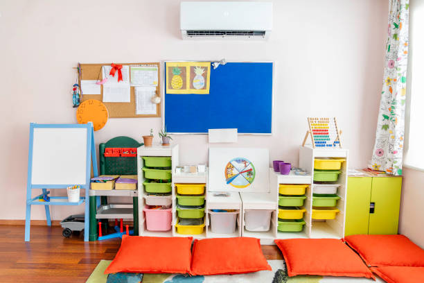 Nursery room with shelves and colourful boxes. Conceptual symbol of the preschool, kindergarten or child's cabinet.