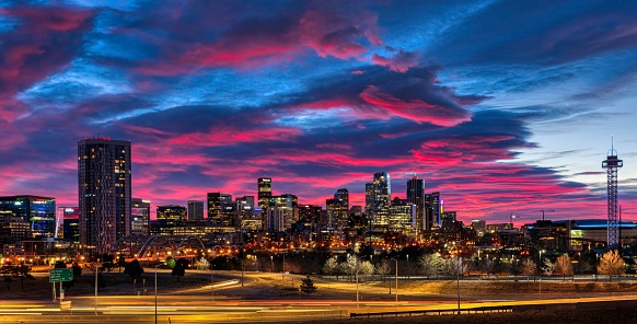 A beautiful shot of the Denver cityscape in the sunset