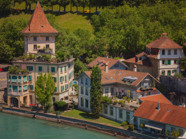 travel to Bern, Switzerland in summer. View of the river Aare. The old part of Bern is recognized as a UNESCO World Heritage Site