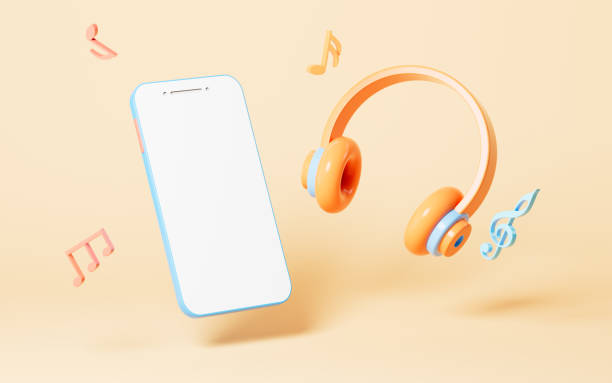 istock Cartoon style wireless headset and mobile phone with yellow background, 3d rendering. 1428366909