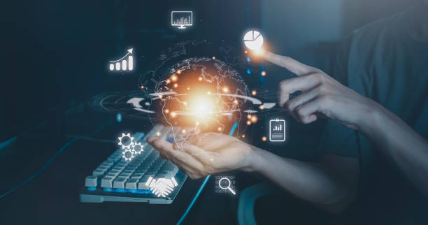 istock Hand of man hold and touch virtual global with hologram and using computer internet connection. Business technology digital marketing. Big data and Financial banking. 1428385246
