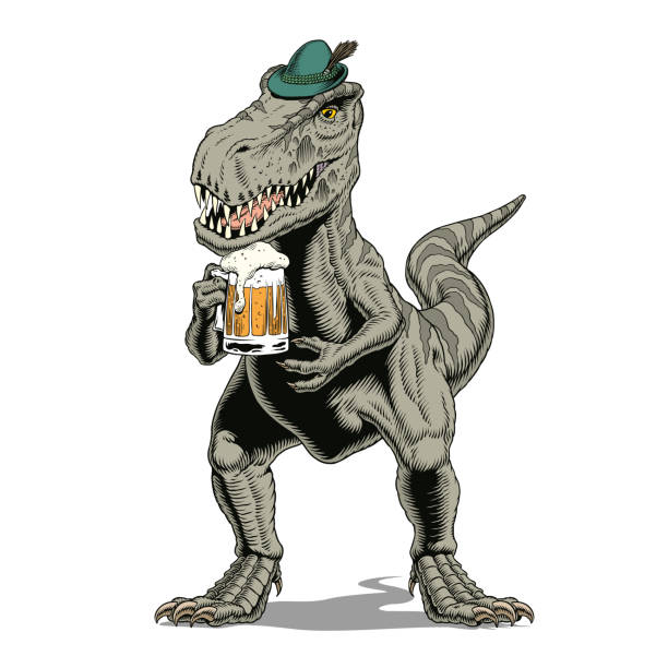 Tyrannosaurus rex dinosaur or t rex wearing Bavarian or Tyrolean hat, with beer mug, isolated on white. Comic style vector illustration. Tyrannosaurus rex dinosaur or t rex wearing Bavarian or Tyrolean hat, with beer mug, isolated on white background. Comic style vector illustration. extinction rebellion stock illustrations