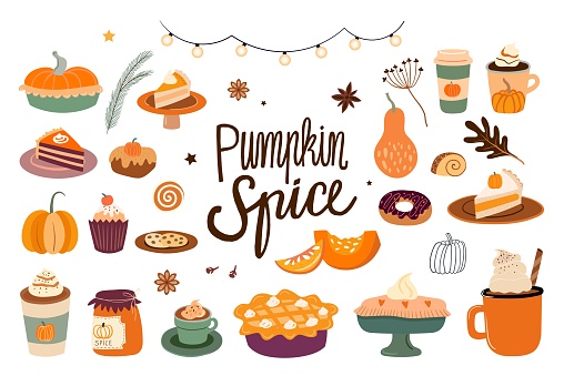 Pumpkin spice collection with seasonal flavored products, coffee, latte, pies and other sweet desserts, autumnal different elements isolated on white and hand lettering