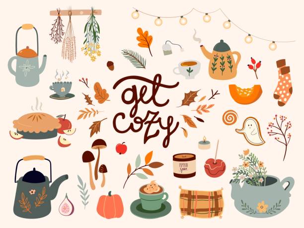 stockillustraties, clipart, cartoons en iconen met cozy autumnal collection with seasonal different elements, pumpkin, tea, candle, mushrooms, plants and hand lettering, isolated on white - comfortabel
