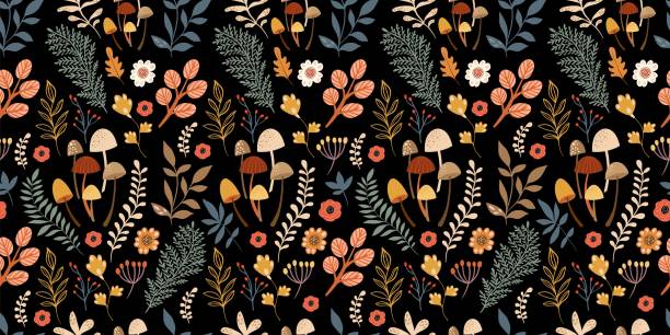 Autumn floral seamless pattern, elegant wallpaper, background with different flowers and plants, seasonal design Autumn floral seamless pattern, elegant wallpaper, background with different flowers and plants, seasonal design wallpaper pattern retro revival autumn leaf stock illustrations