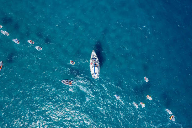 istock Sailing boat in the sea. Top view. 1428396082