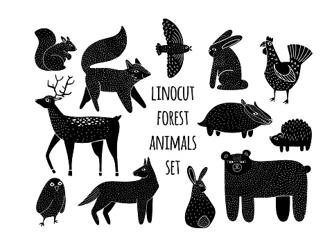 Hand drawn set with forest animals in linocut style. Isolated on white background vector illustration